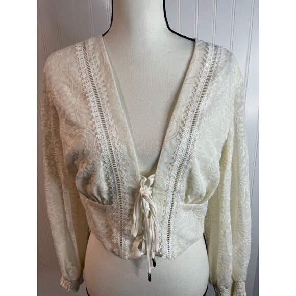 Studio F Ivory Lace Long Sleeve Tie Front Blouse With Embroidered Details Size M - Picture 9 of 16